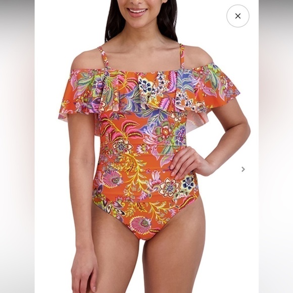 BCBG— Max Azria Floral Print Off-the-Shoulder Mio One Piece Swimsuit - Picture 1 of 6